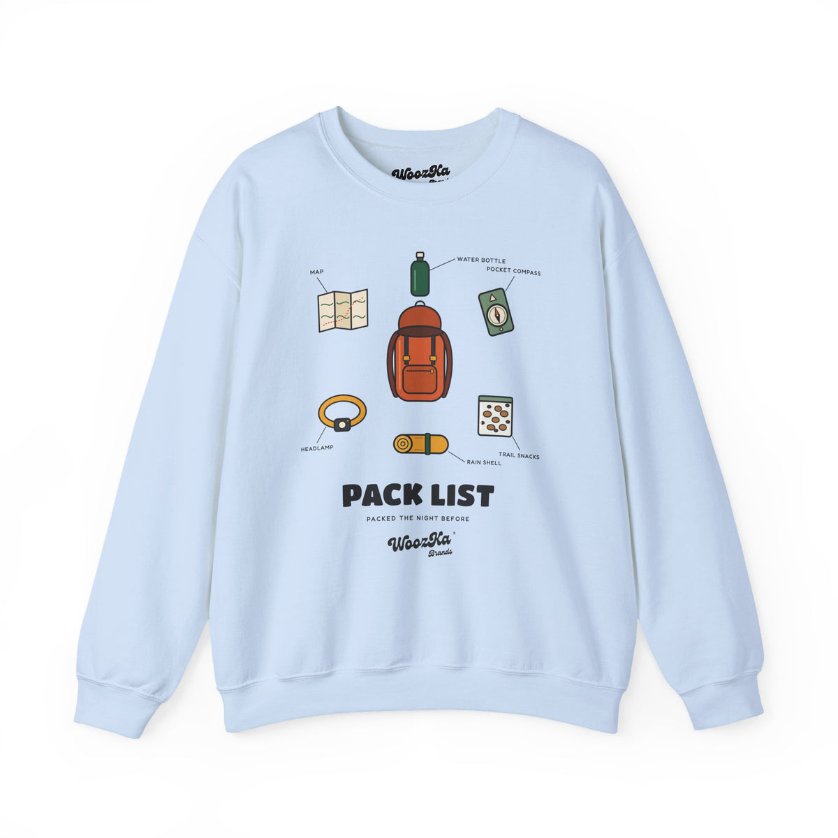 WoozKa Brands Hiking Sweatshirt, Backpacking Gear List Front Print