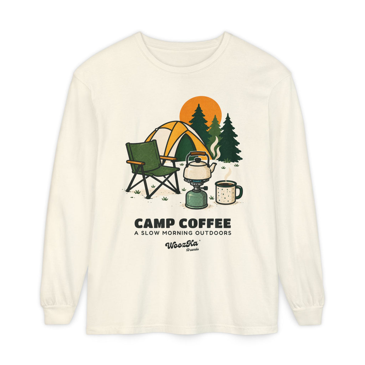 WoozKa Brands Camp Coffee Camping Long Sleeve T-Shirt, Front Graphic