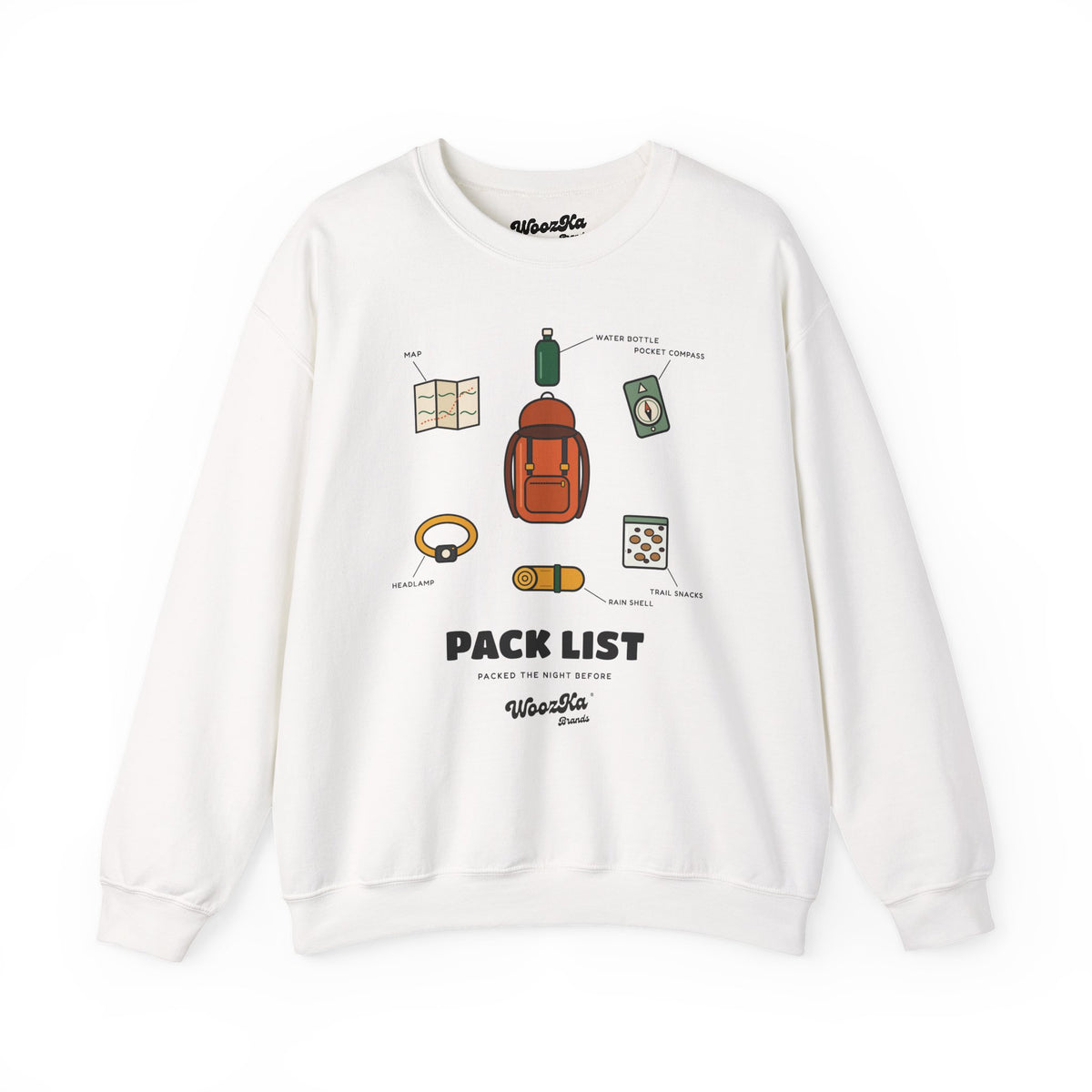 WoozKa Brands Hiking Sweatshirt, Backpacking Gear List Front Print