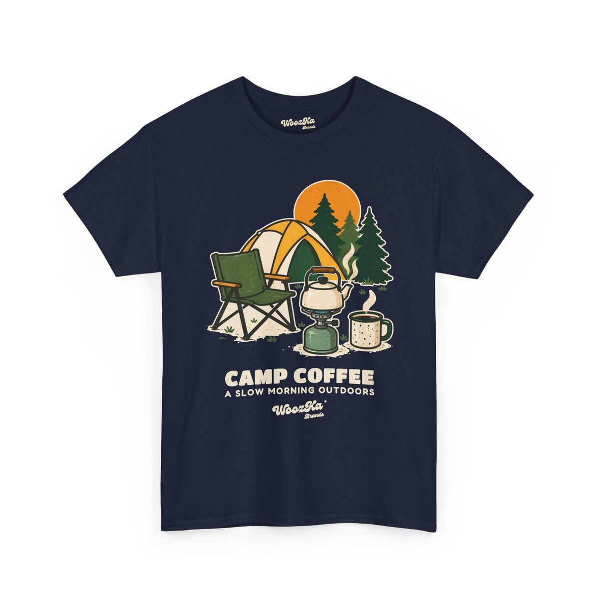 WoozKa Brands Camp Coffee Camping Heavy Cotton T-Shirt, Front Graphic