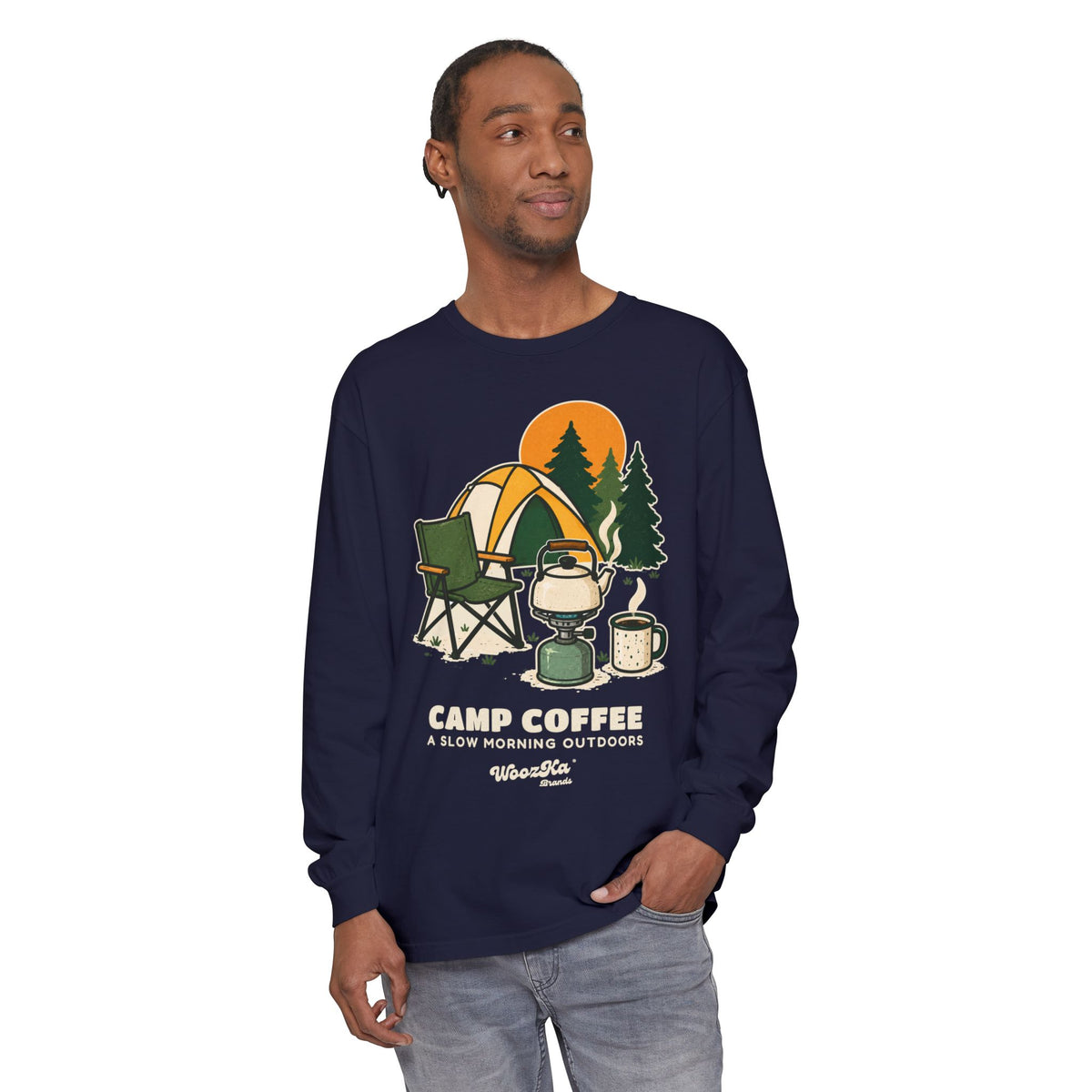 WoozKa Brands Camp Coffee Camping Long Sleeve T-Shirt, Front Graphic