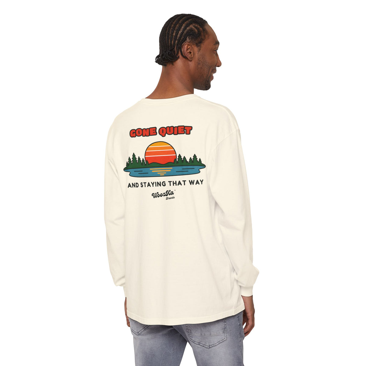 WoozKa Brands Retro Sunset Lake Long Sleeve Tee, Nature Outdoors Back Print