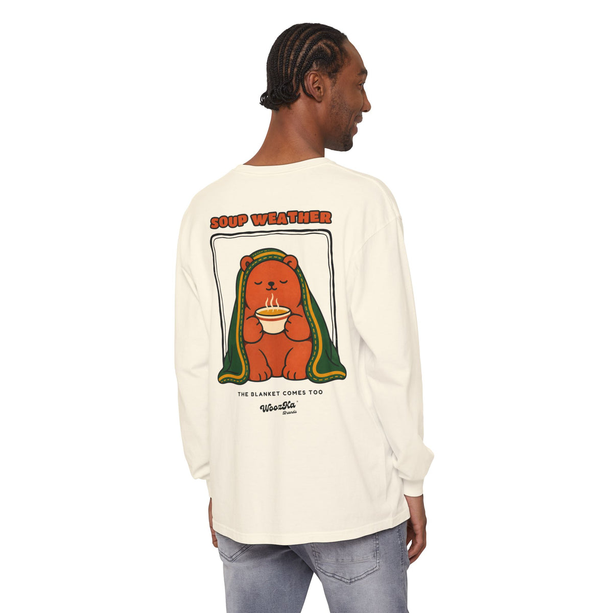 WoozKa Brands Soup Weather Bear Long Sleeve T-Shirt, Front and Back Graphic