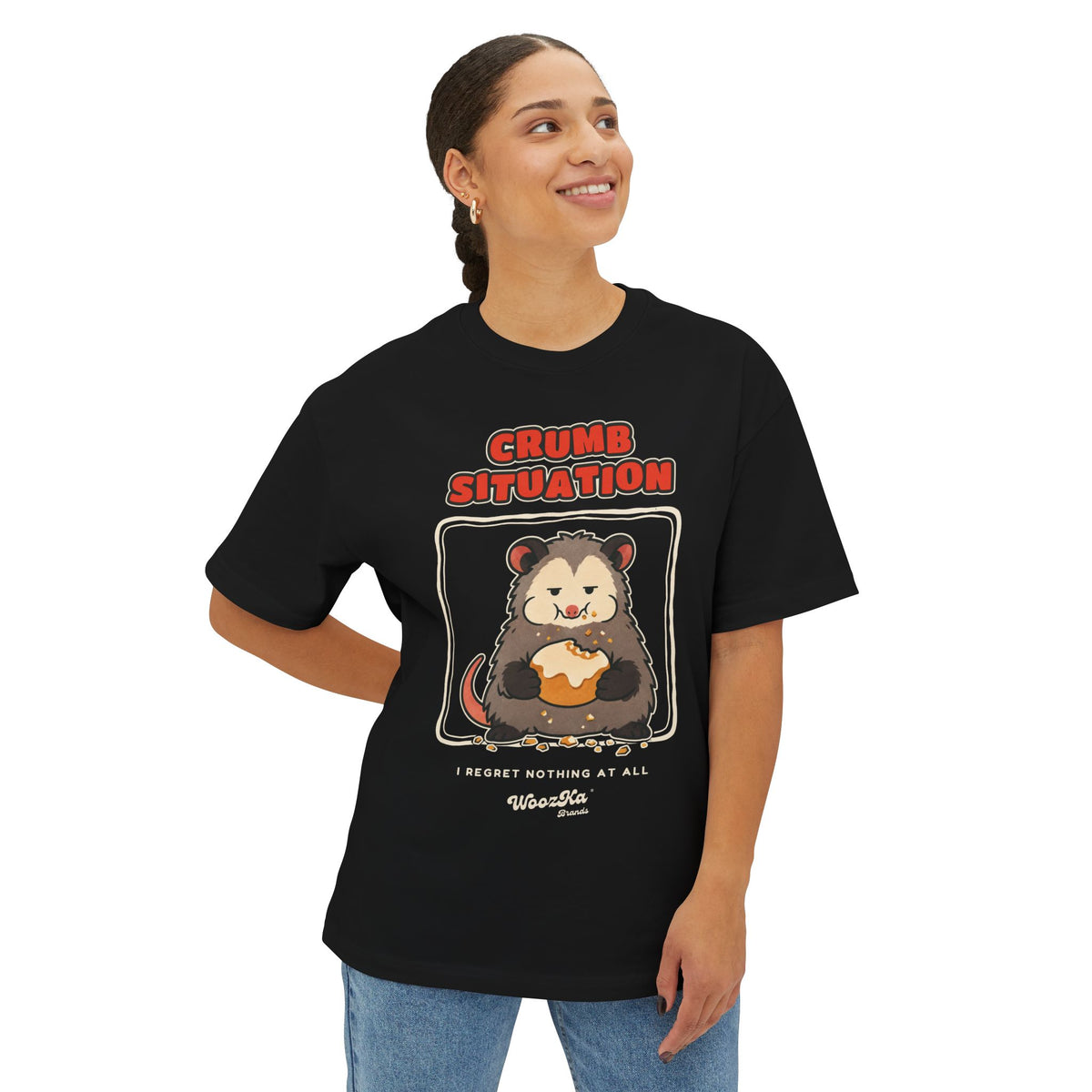 WoozKa Brands Crumb Situation Opossum Oversized Boxy T-Shirt, Front Graphic