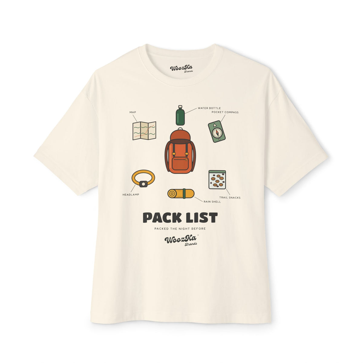 WoozKa Brands Hiking Oversized Tee, Backpacking Gear List Front Print