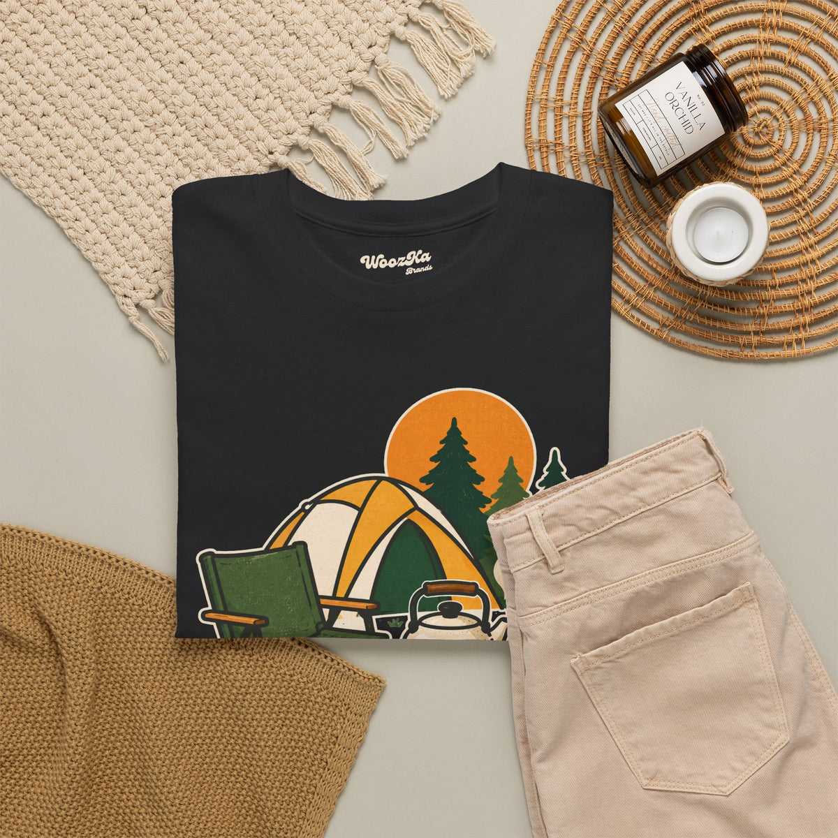 WoozKa Brands Camp Coffee Camping Heavy Cotton T-Shirt, Front Graphic