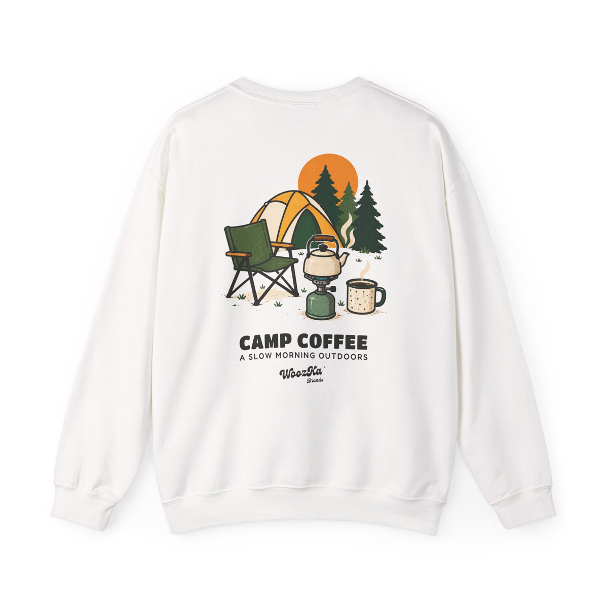 WoozKa Brands Camp Coffee Camping Crewneck Sweatshirt, Two-Sided Graphic