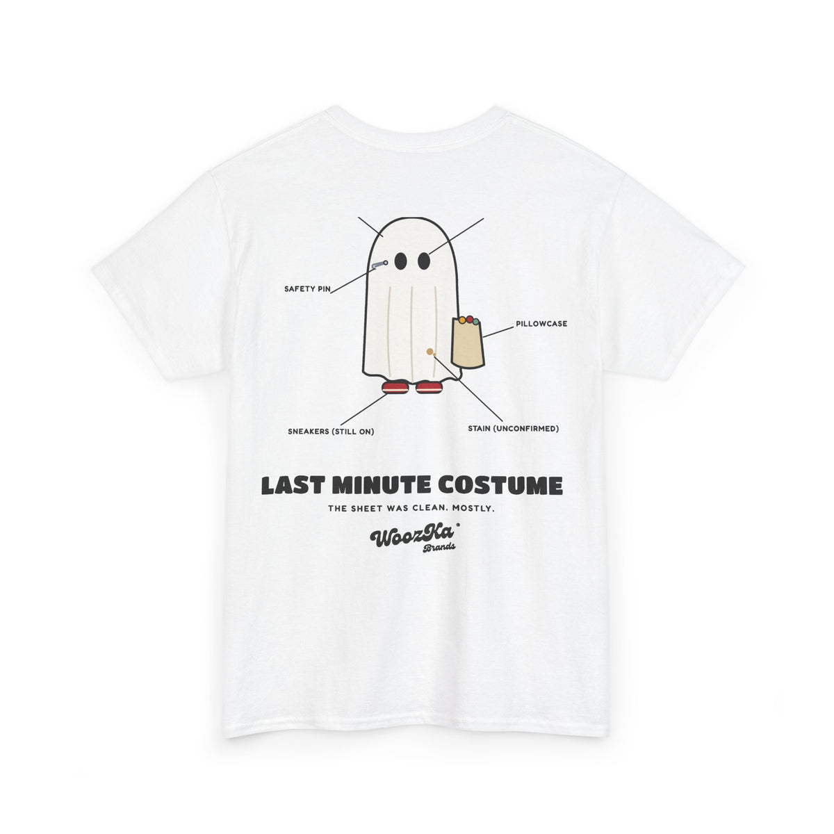 WoozKa Brands Lazy Halloween Costume T-Shirt, Funny Ghost Sheet Back Print