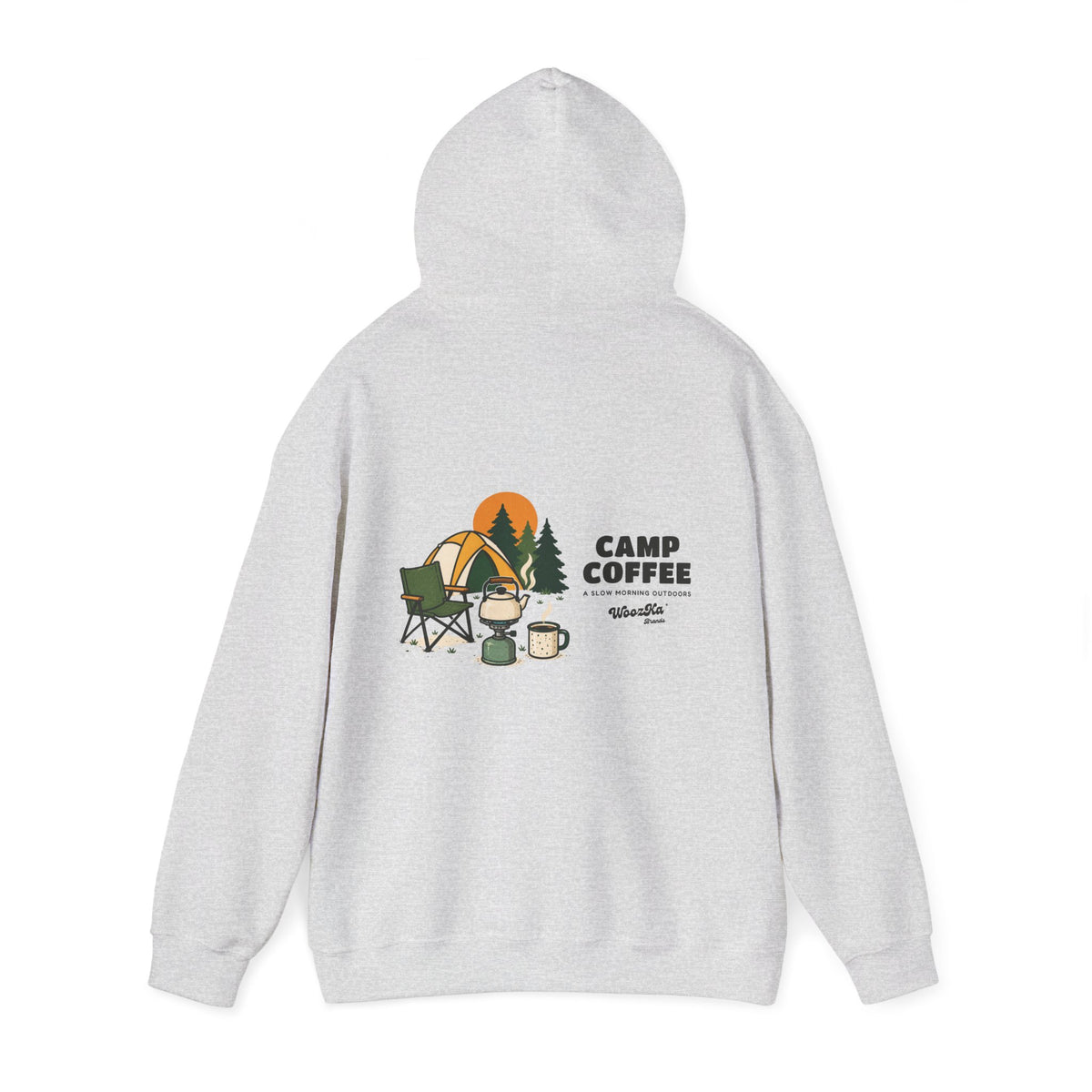 WoozKa Brands Camp Coffee Camping Hoodie, Wide Back Graphic