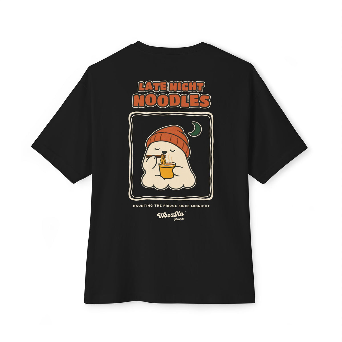 WoozKa Brands Late Night Noodles Ghost Oversized Boxy T-Shirt, Two-Sided