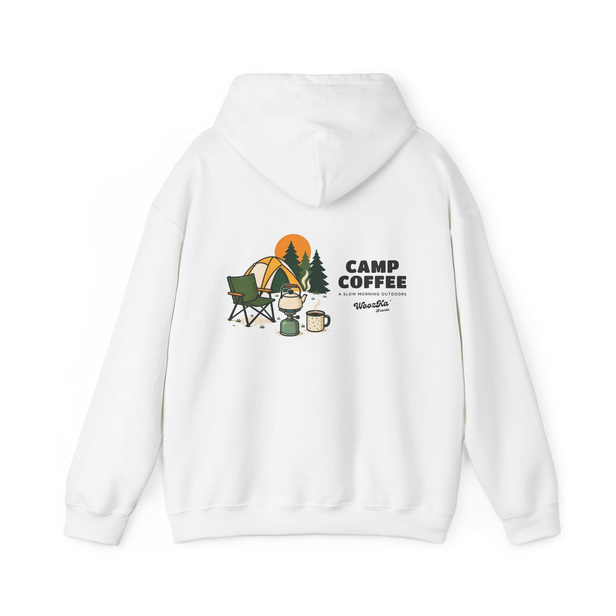 WoozKa Brands Camp Coffee Camping Hoodie, Wide Back Graphic