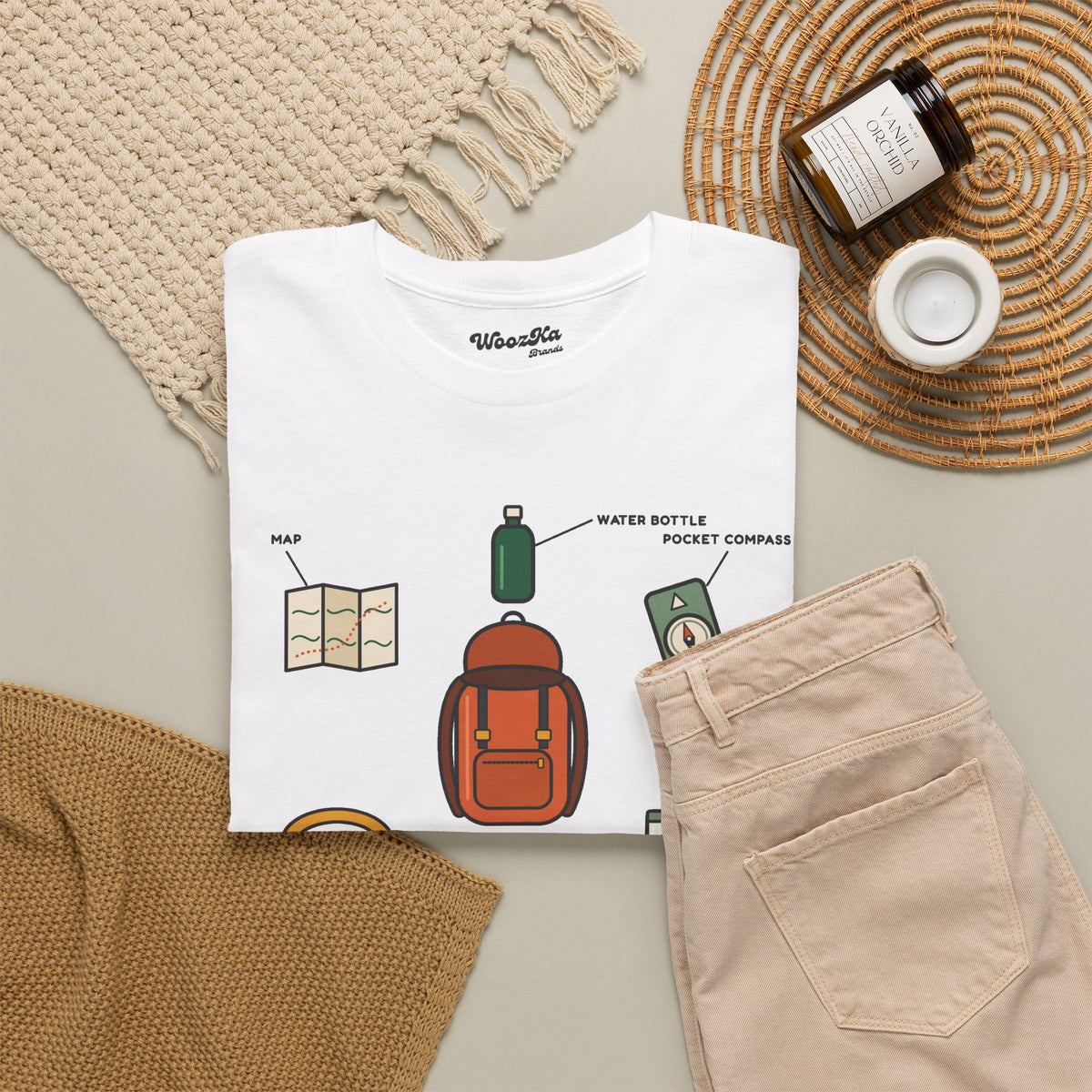 WoozKa Brands Hiking T-Shirt, Backpacking Gear List Front Print