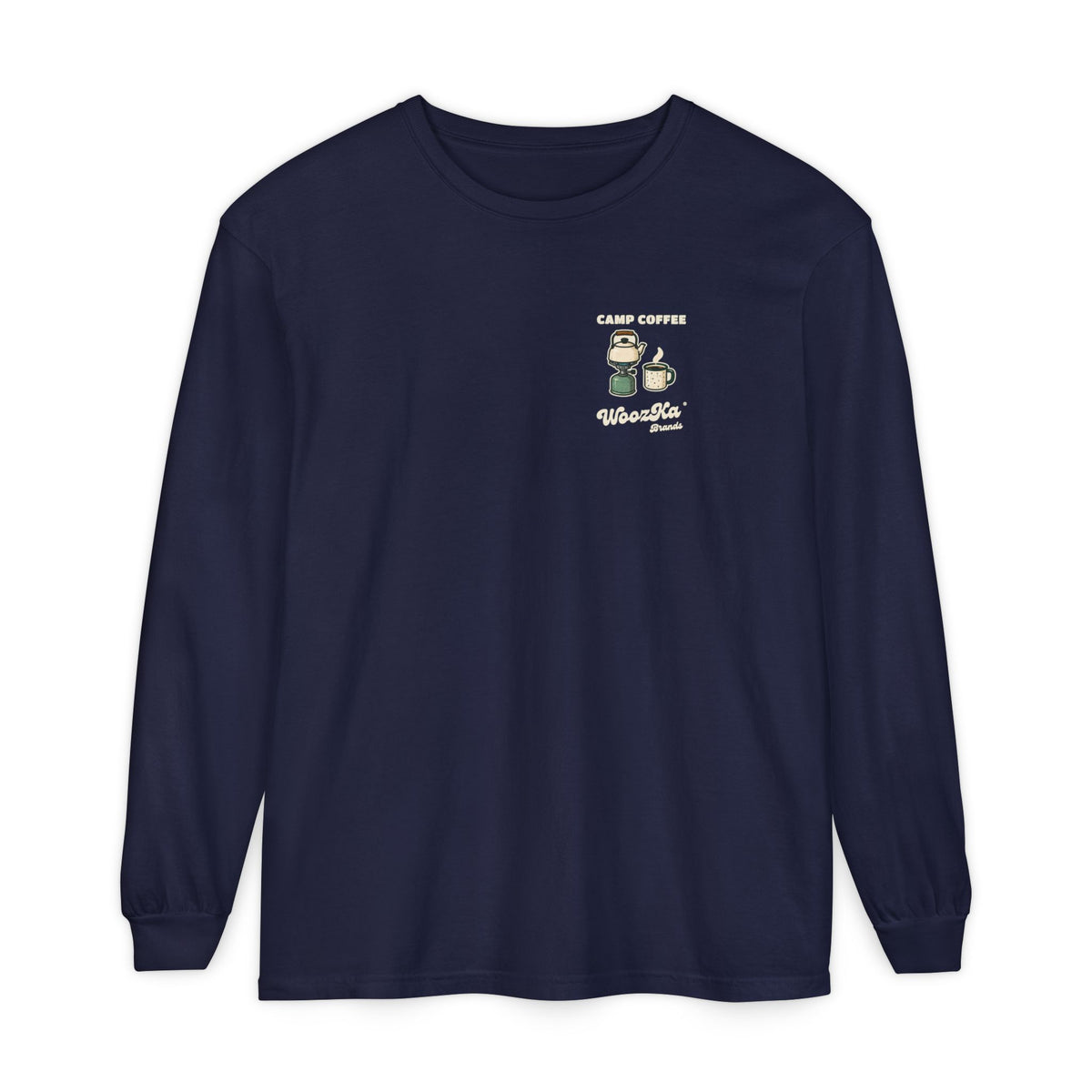 WoozKa Brands Camp Coffee Camping Long Sleeve T-Shirt, Two-Sided Graphic