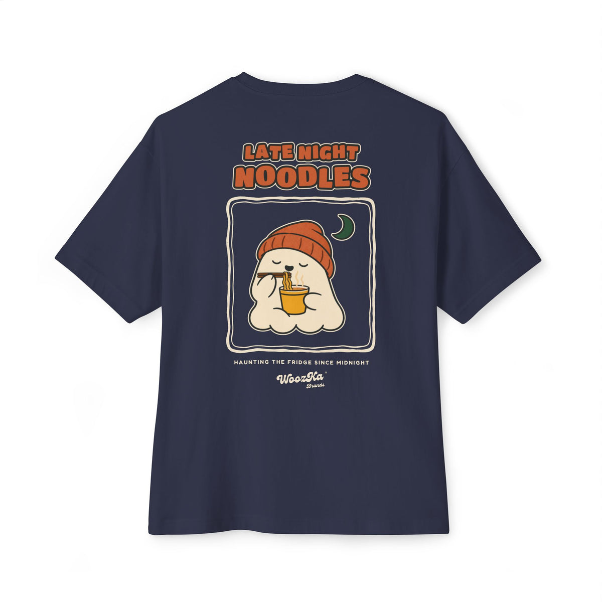 WoozKa Brands Late Night Noodles Ghost Oversized Boxy T-Shirt, Two-Sided