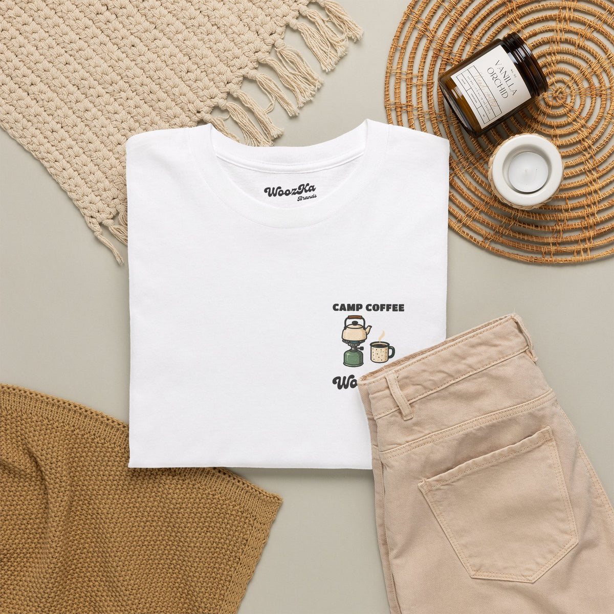 WoozKa Brands Camp Coffee Camping Heavy Cotton T-Shirt, Two-Sided Graphic