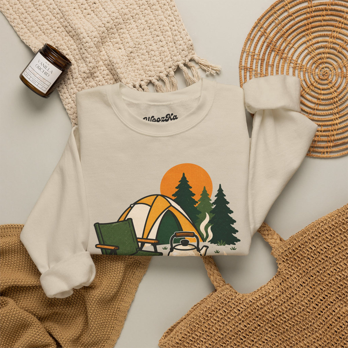 WoozKa Brands Camp Coffee Camping Crewneck Sweatshirt, Front Graphic