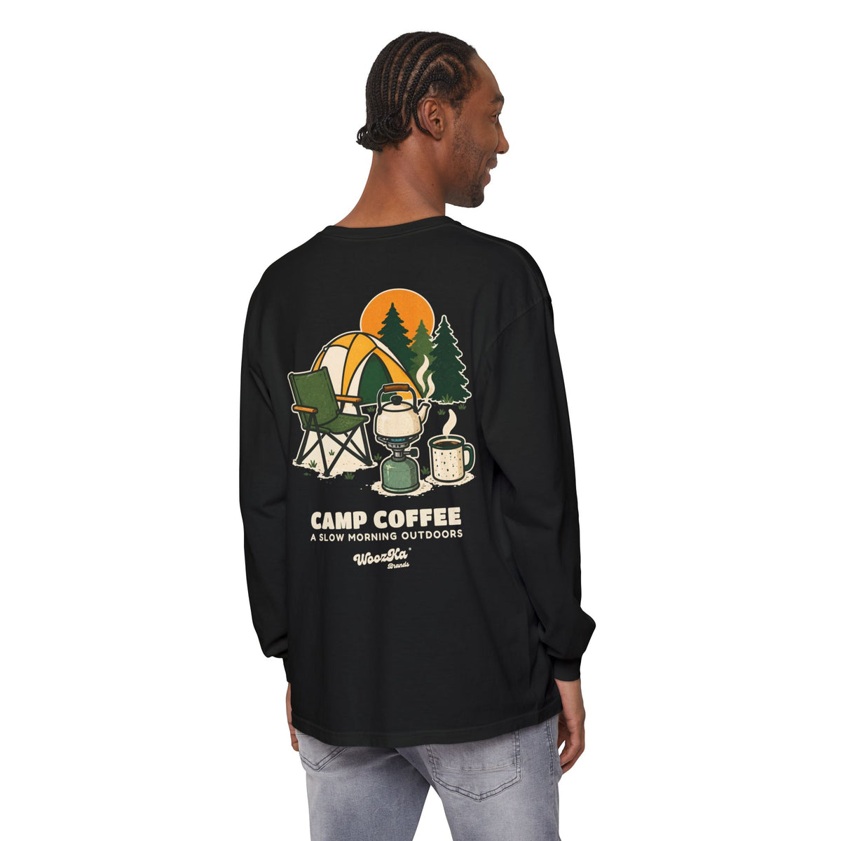 WoozKa Brands Camp Coffee Camping Long Sleeve T-Shirt, Two-Sided Graphic