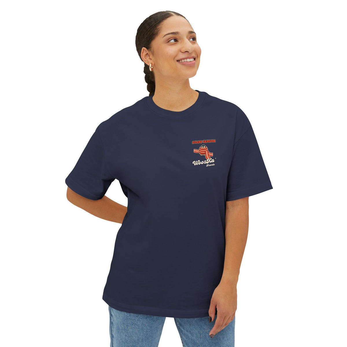 WoozKa Brands Scarf Season Penguin Oversized Boxy T-Shirt, Two-Sided