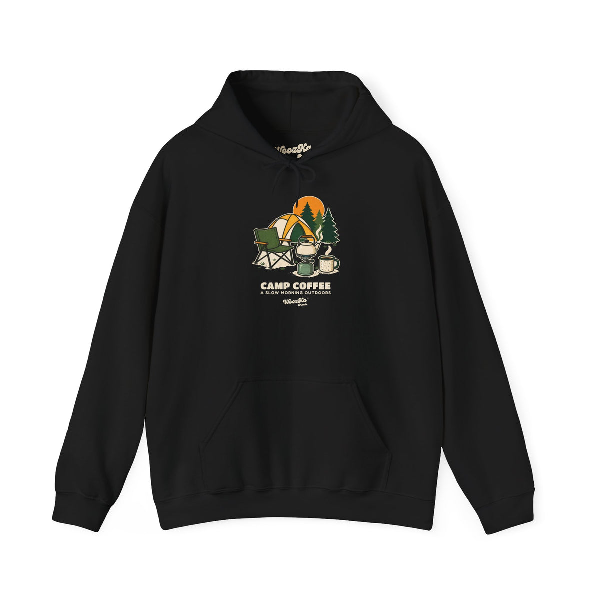 WoozKa Brands Camp Coffee Camping Hoodie, Front Graphic