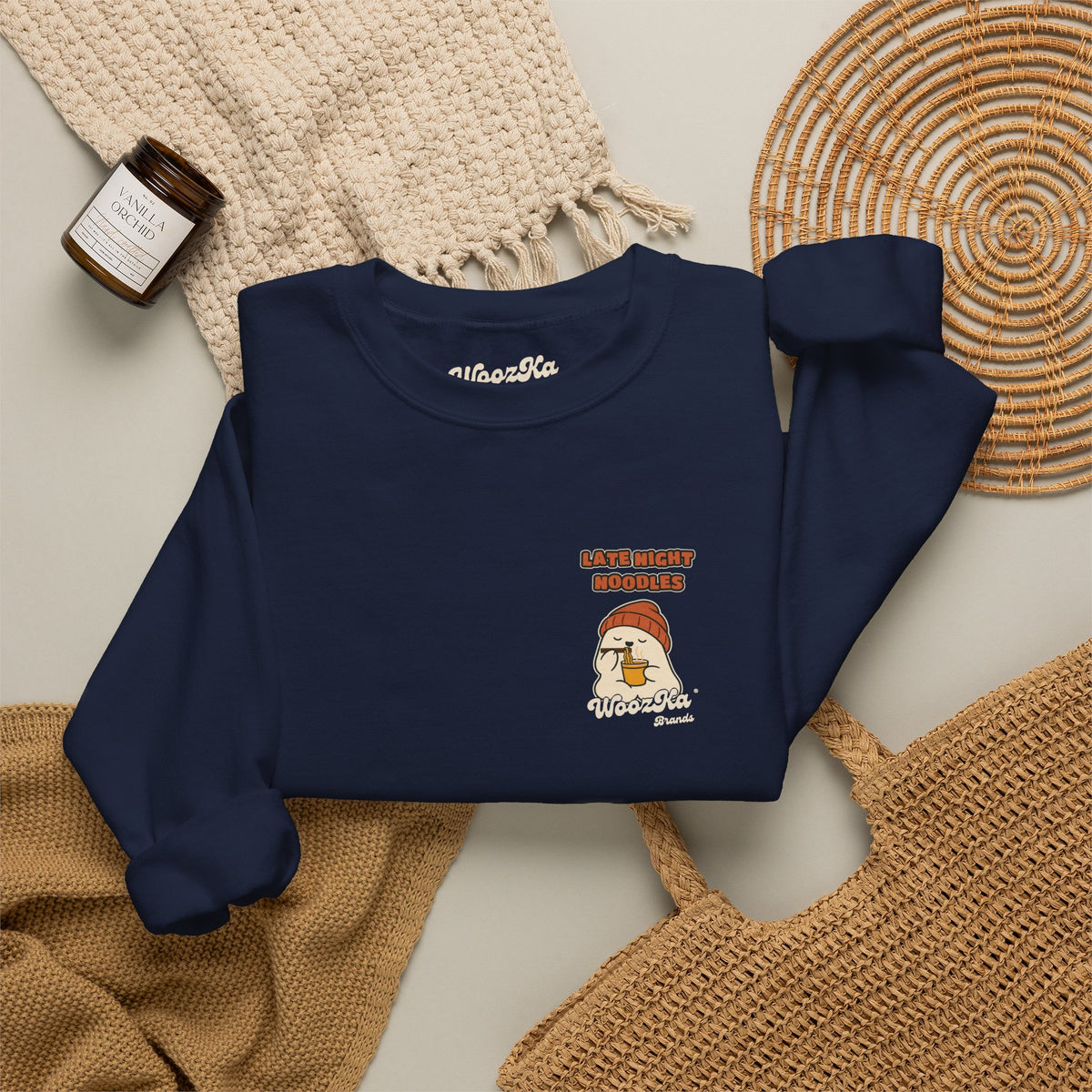 WoozKa Brands Late Night Noodles Ghost Crewneck Sweatshirt, Two-Sided