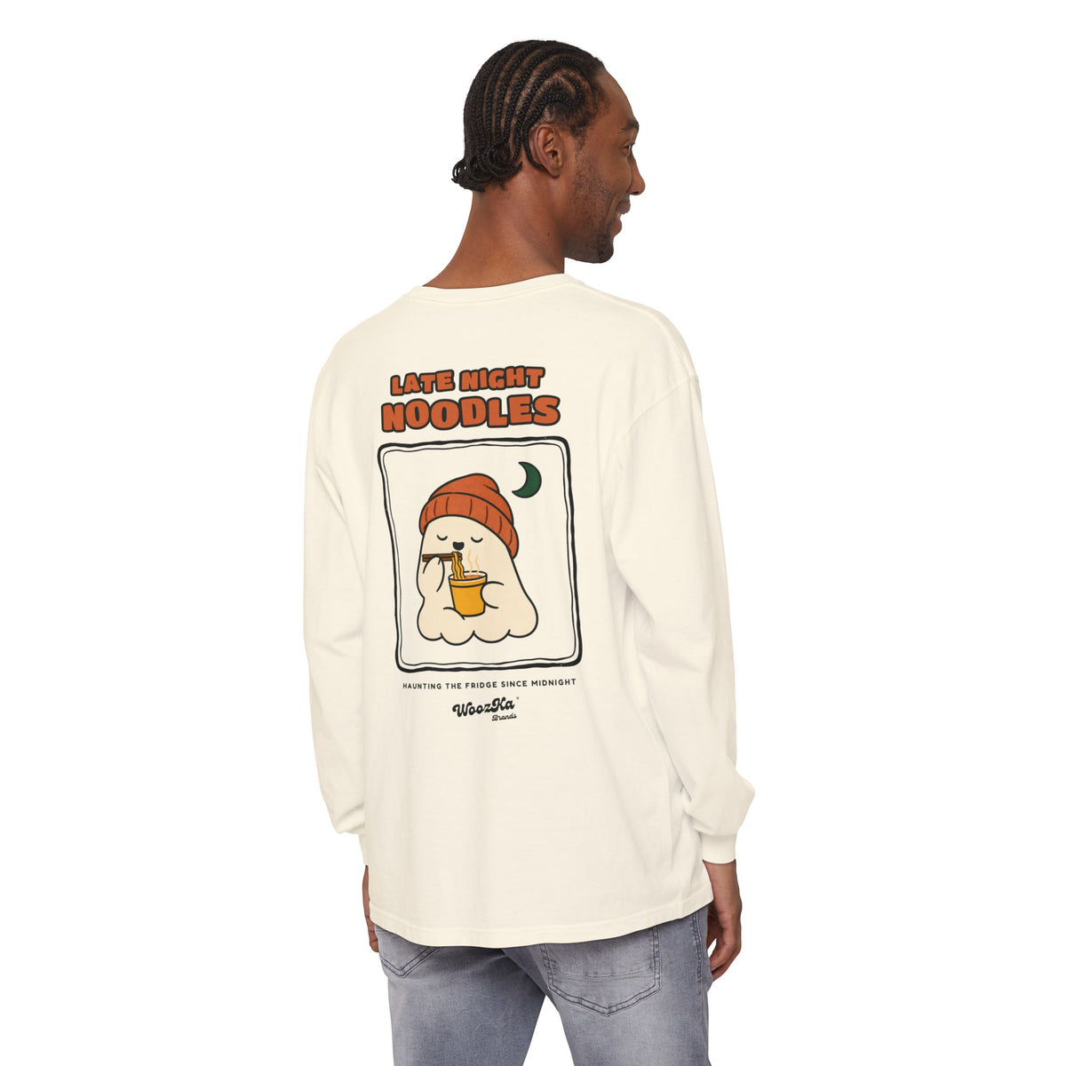 WoozKa Brands Late Night Noodles Ghost Long Sleeve T-Shirt, Two-Sided