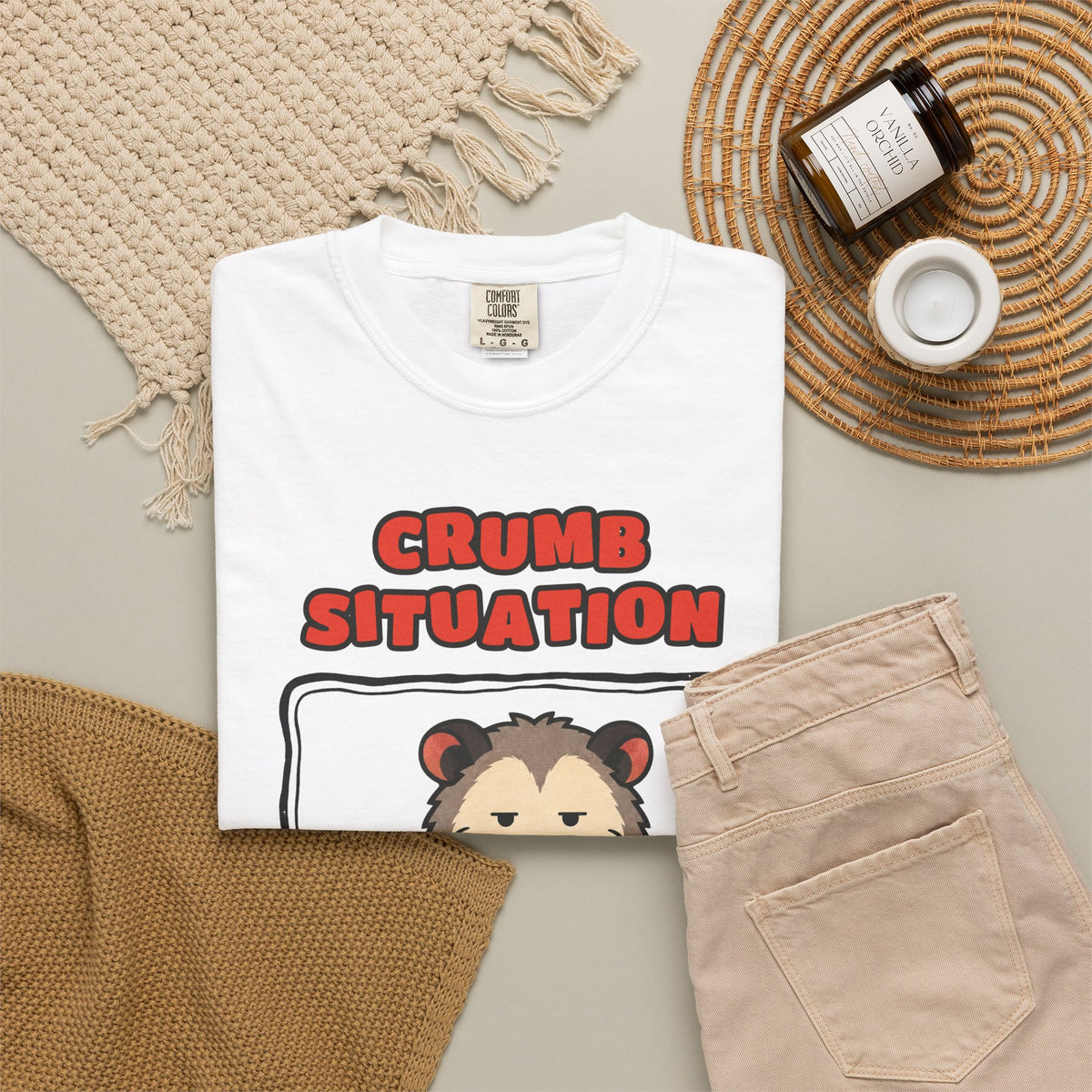 WoozKa Brands Crumb Situation Opossum Garment-Dyed T-Shirt, Front Graphic