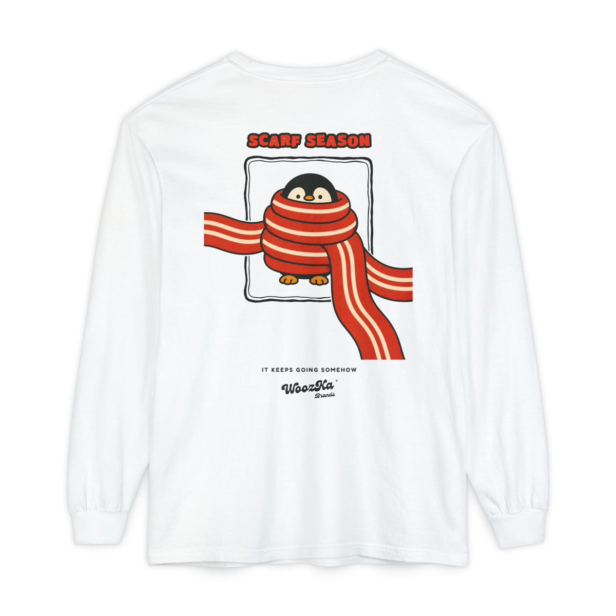 WoozKa Brands Scarf Season Penguin Long Sleeve T-Shirt, Two-Sided Graphic