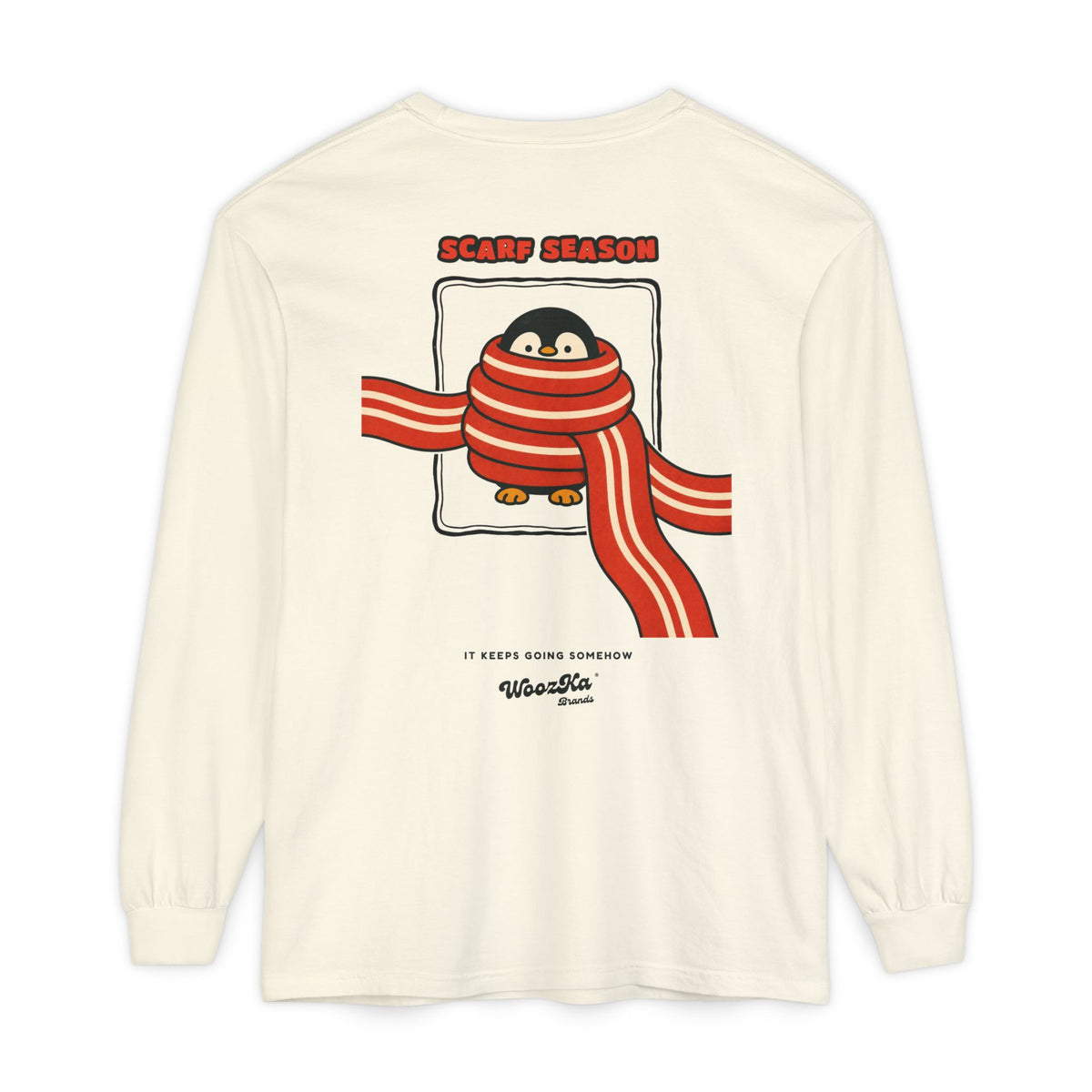 WoozKa Brands Scarf Season Penguin Long Sleeve T-Shirt, Two-Sided Graphic