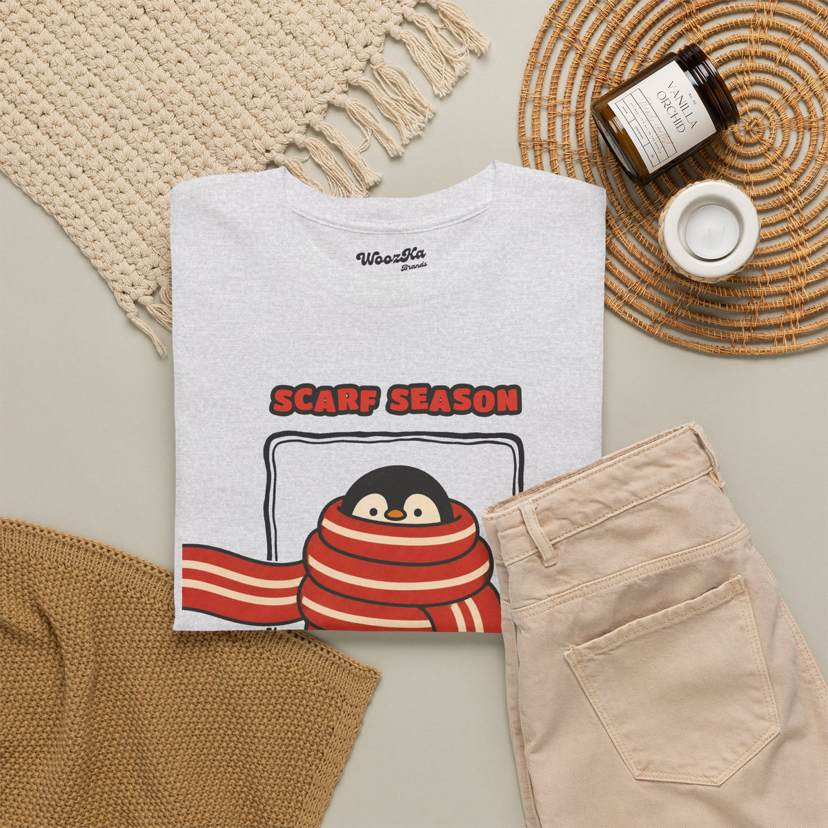 WoozKa Brands Scarf Season Penguin Heavy Cotton T-Shirt, Front Graphic