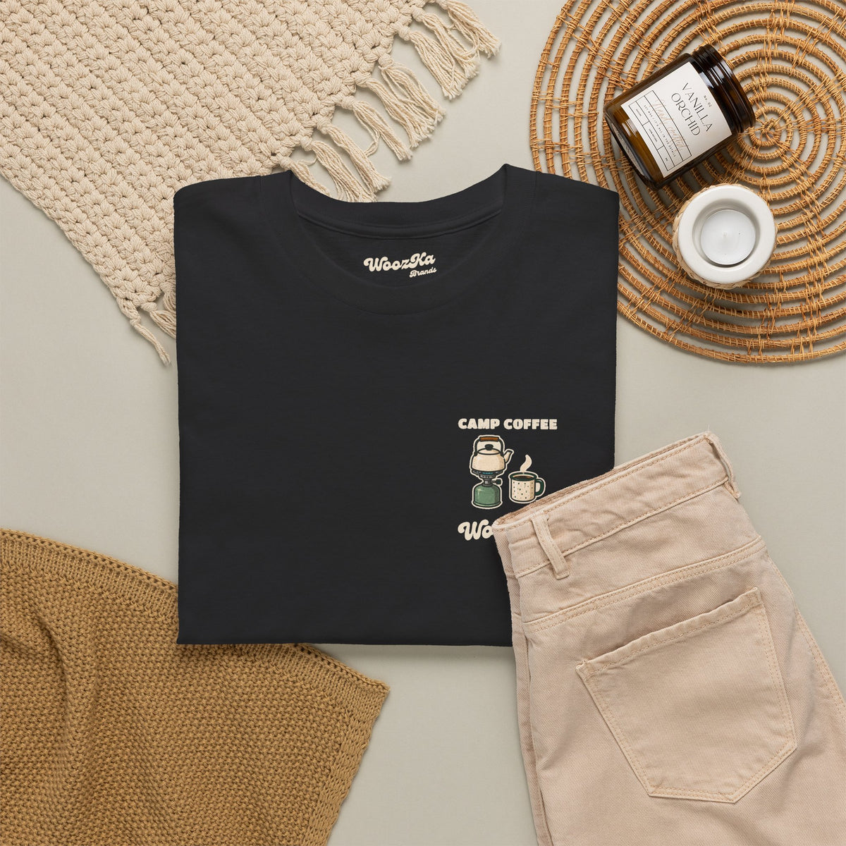 WoozKa Brands Camp Coffee Camping Heavy Cotton T-Shirt, Two-Sided Graphic