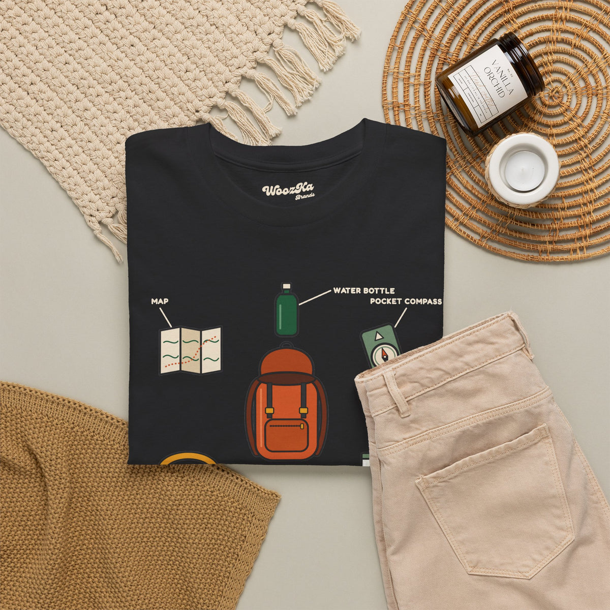 WoozKa Brands Hiking T-Shirt, Backpacking Gear List Front Print