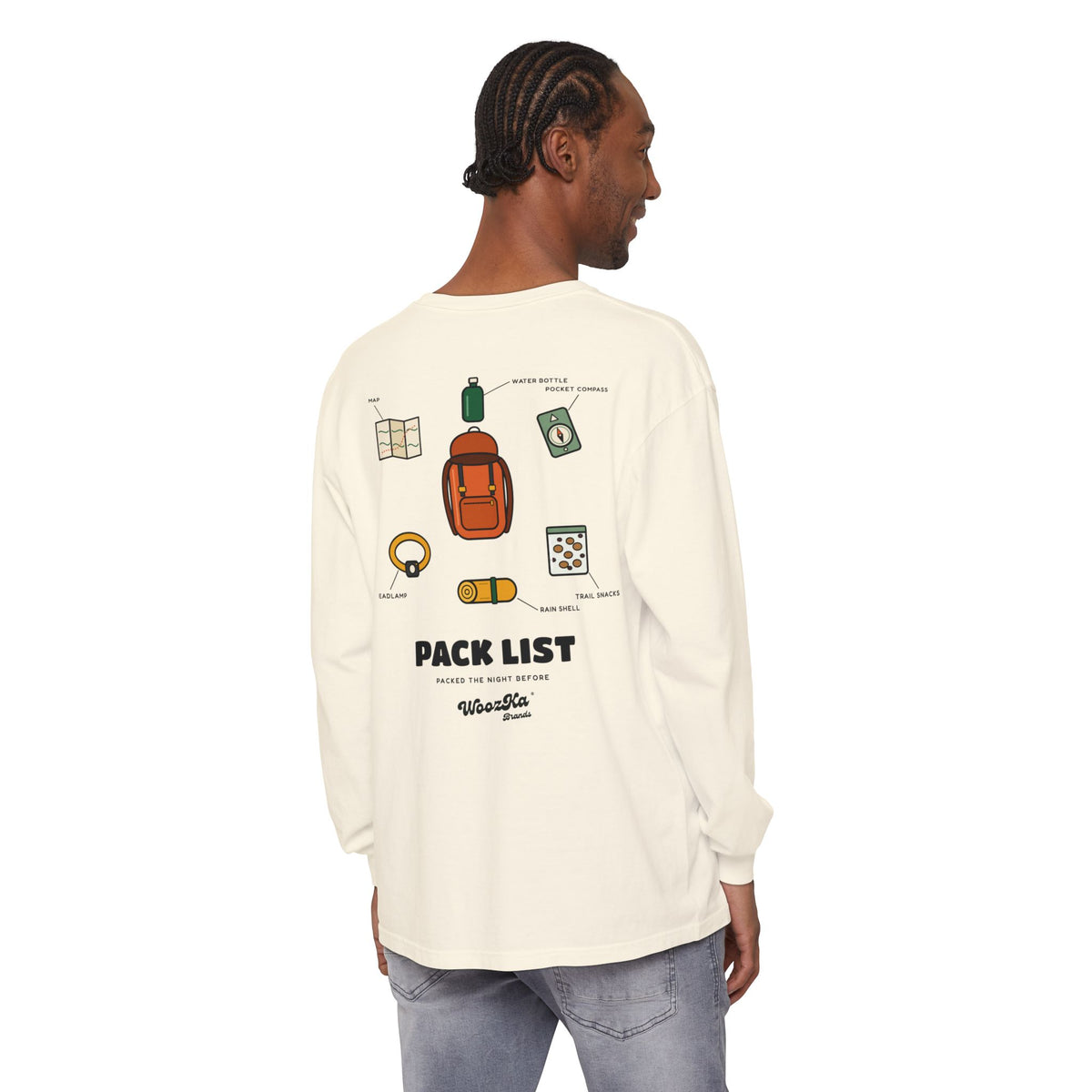 WoozKa Brands Hiking Long Sleeve Tee, Backpacking Gear List Back Print