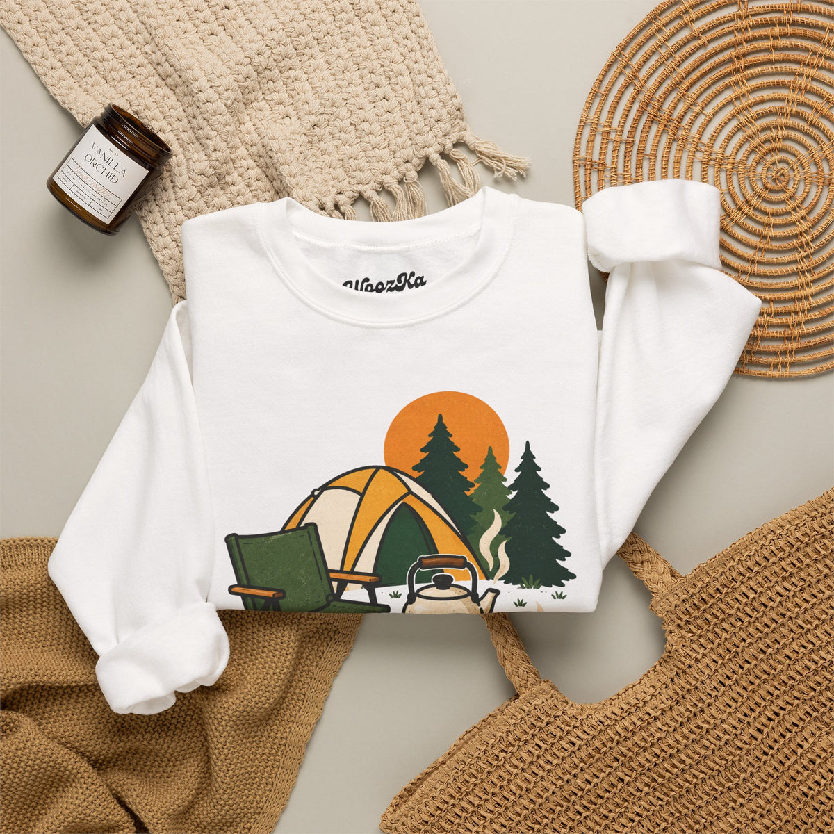 WoozKa Brands Camp Coffee Camping Crewneck Sweatshirt, Front Graphic