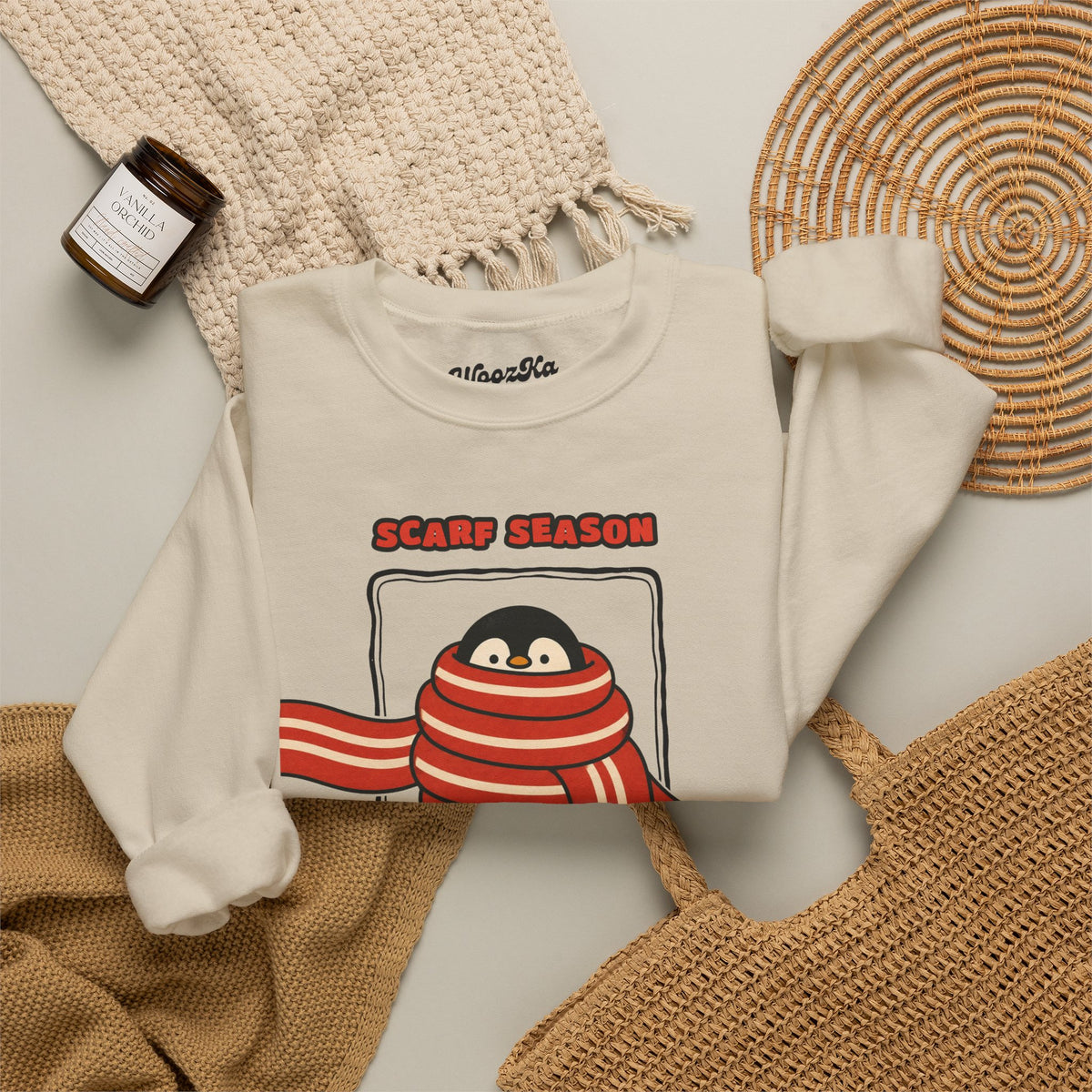 WoozKa Brands Scarf Season Penguin Crewneck Sweatshirt, Front Graphic