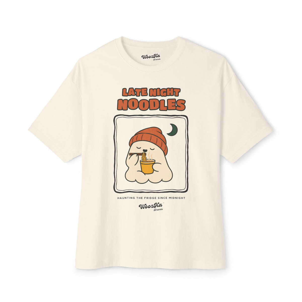 WoozKa Brands Late Night Noodles Ghost Oversized Boxy T-Shirt, Front Print