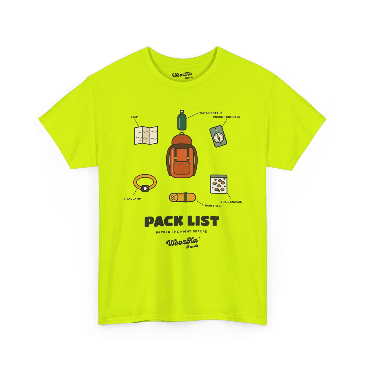 WoozKa Brands Hiking T-Shirt, Backpacking Gear List Front Print