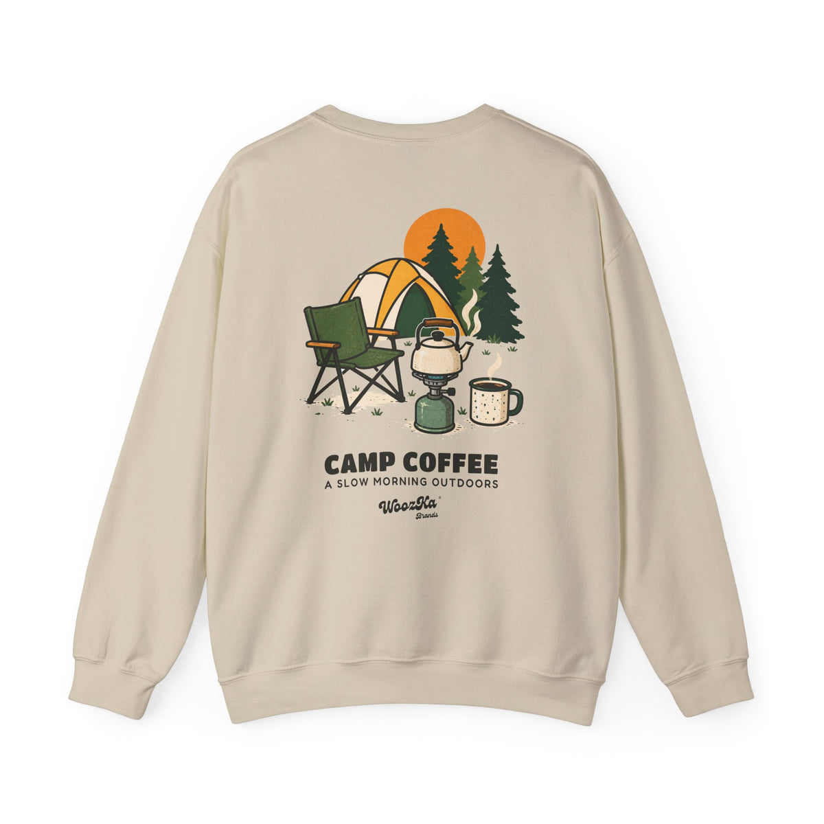 WoozKa Brands Camp Coffee Camping Crewneck Sweatshirt, Two-Sided Graphic