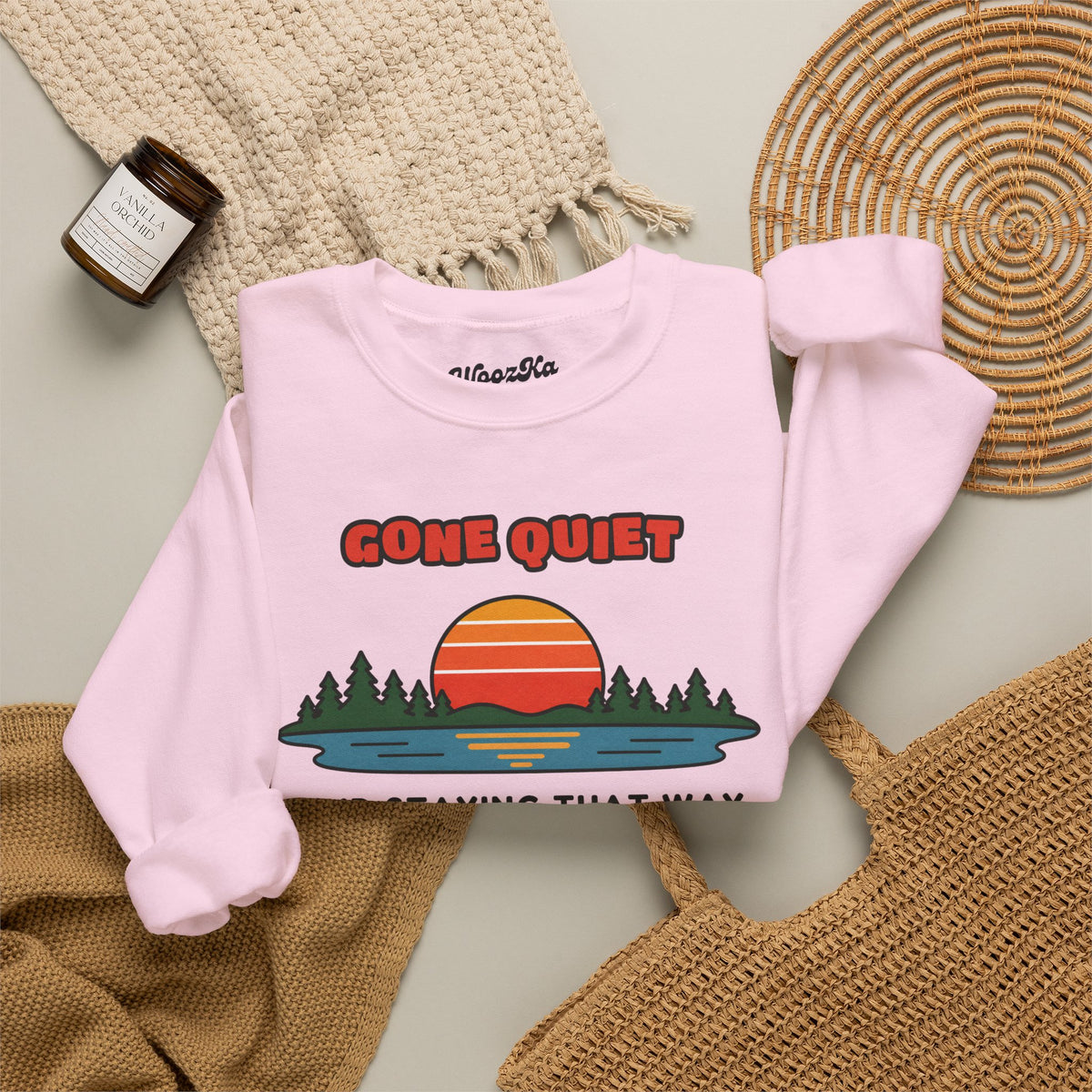 WoozKa Brands Retro Sunset Lake Sweatshirt, Nature Outdoors Front Print