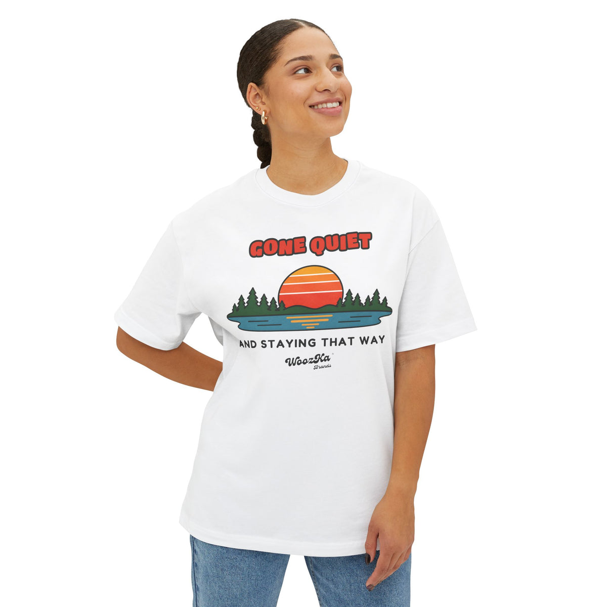 WoozKa Brands Retro Sunset Lake Oversized Tee, Nature Outdoors Front Print