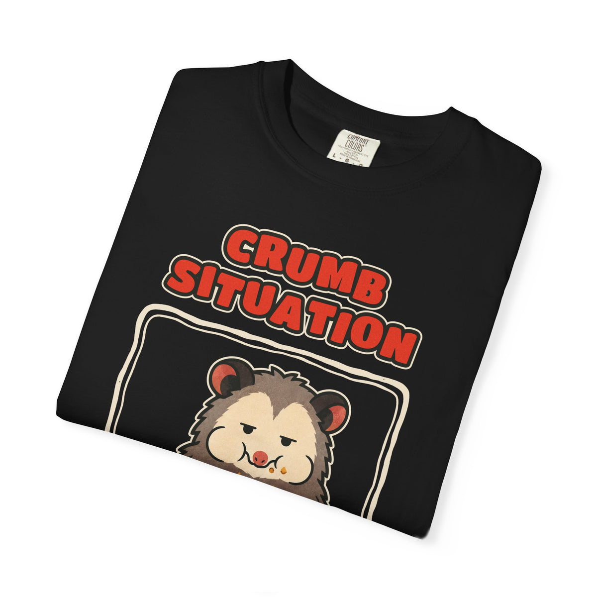 WoozKa Brands Crumb Situation Opossum Garment-Dyed T-Shirt, Front Graphic