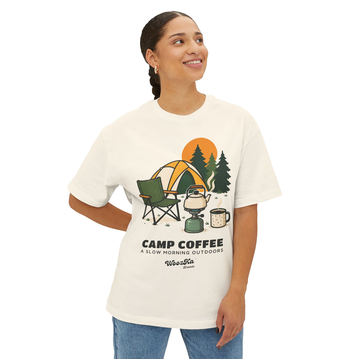 WoozKa Brands Camp Coffee Camping Oversized Boxy T-Shirt, Front Graphic