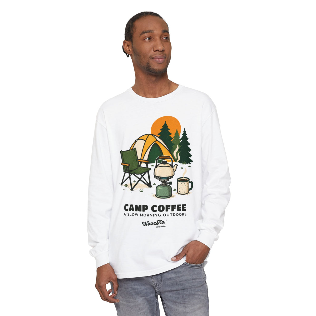 WoozKa Brands Camp Coffee Camping Long Sleeve T-Shirt, Front Graphic
