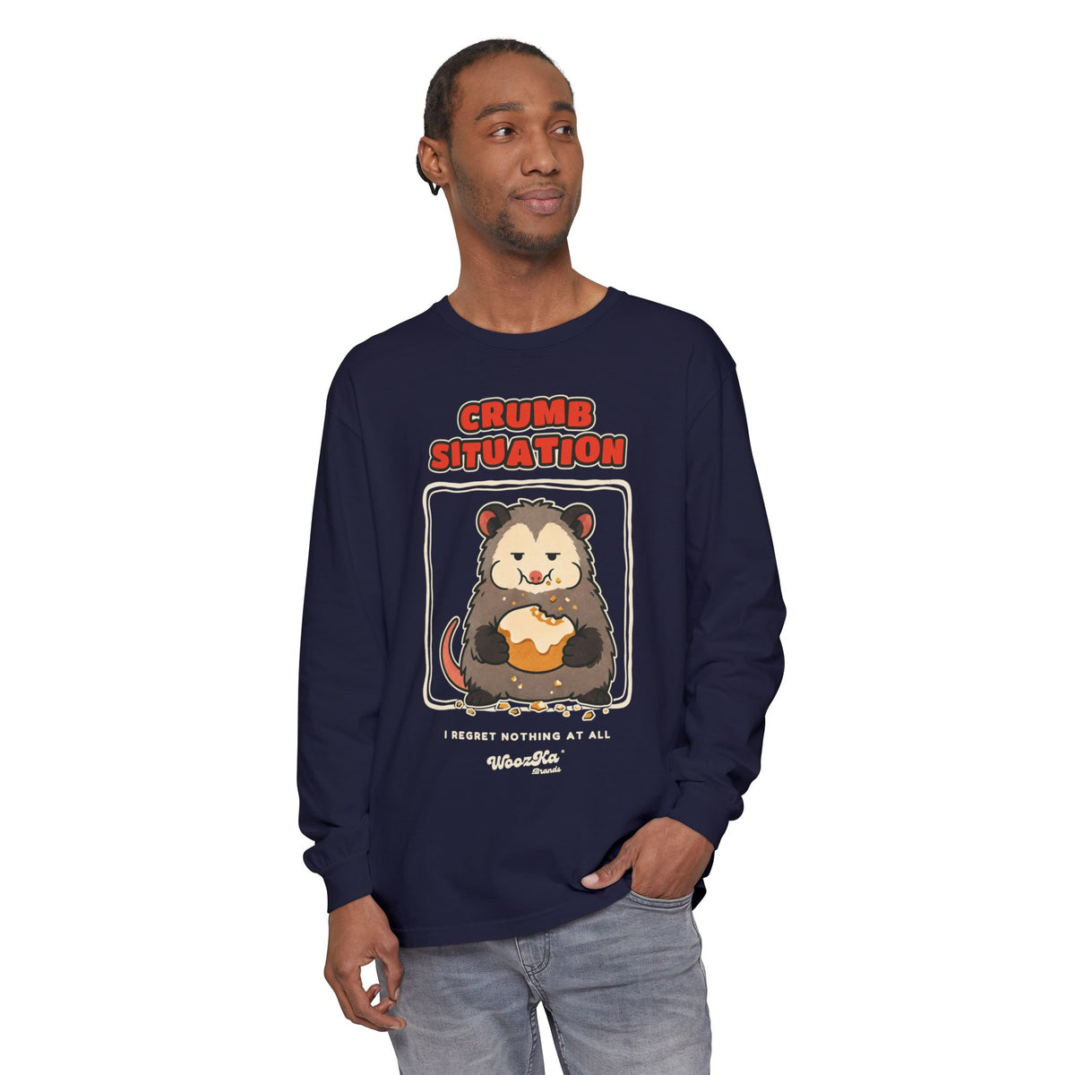 WoozKa Brands Crumb Situation Opossum Long Sleeve T-Shirt, Front Graphic