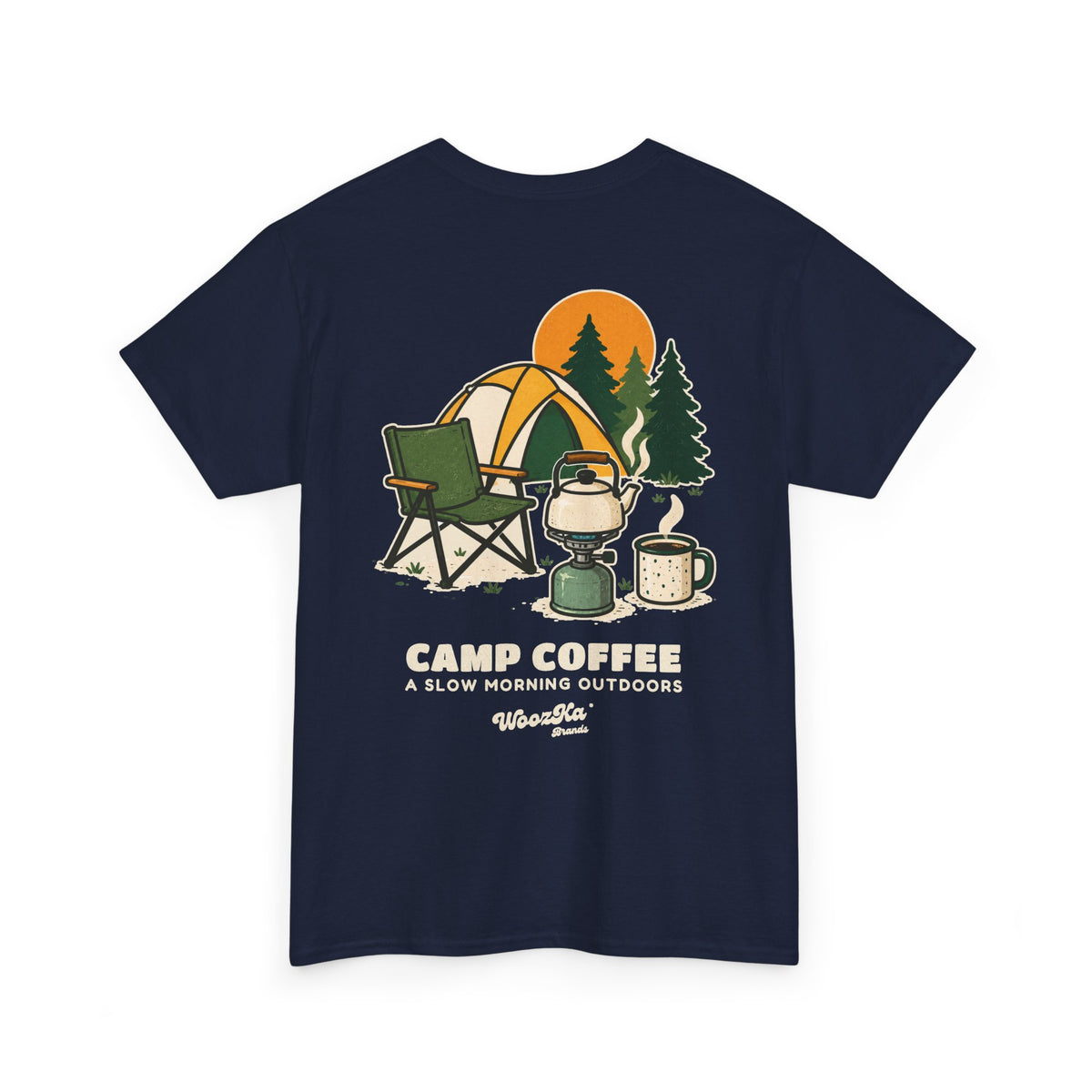 WoozKa Brands Camp Coffee Camping Heavy Cotton T-Shirt, Two-Sided Graphic