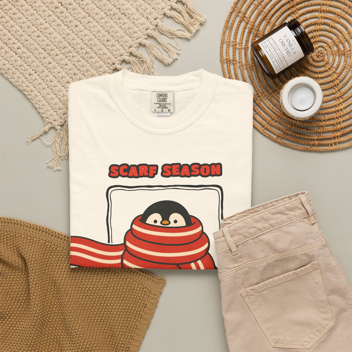 WoozKa Brands Scarf Season Penguin Garment-Dyed T-Shirt, Front Graphic