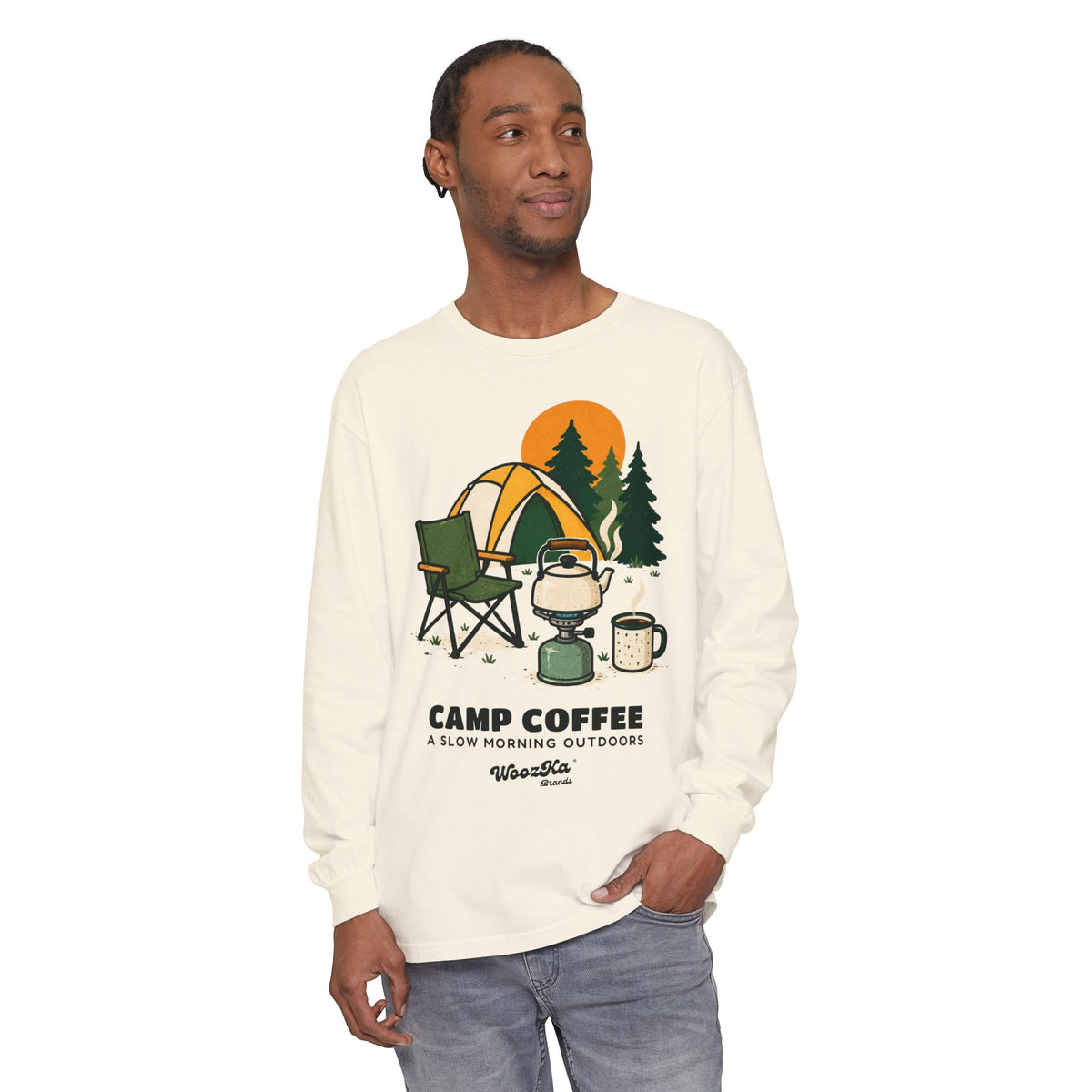 WoozKa Brands Camp Coffee Camping Long Sleeve T-Shirt, Front Graphic