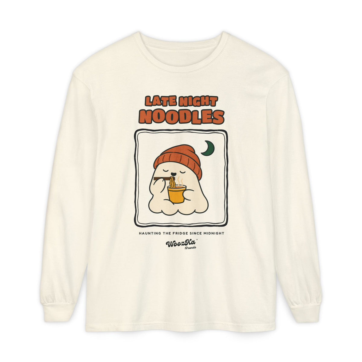 WoozKa Brands Late Night Noodles Ghost Long Sleeve T-Shirt, Front Graphic