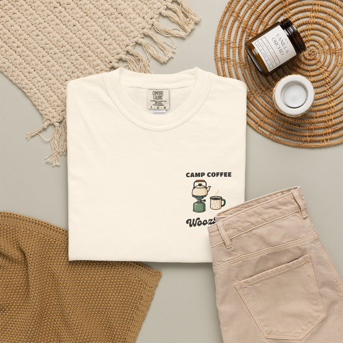 WoozKa Brands Camp Coffee Camping Garment-Dyed T-Shirt, Two-Sided Graphic