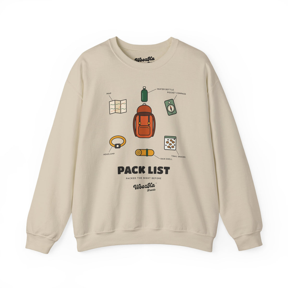 WoozKa Brands Hiking Sweatshirt, Backpacking Gear List Front Print