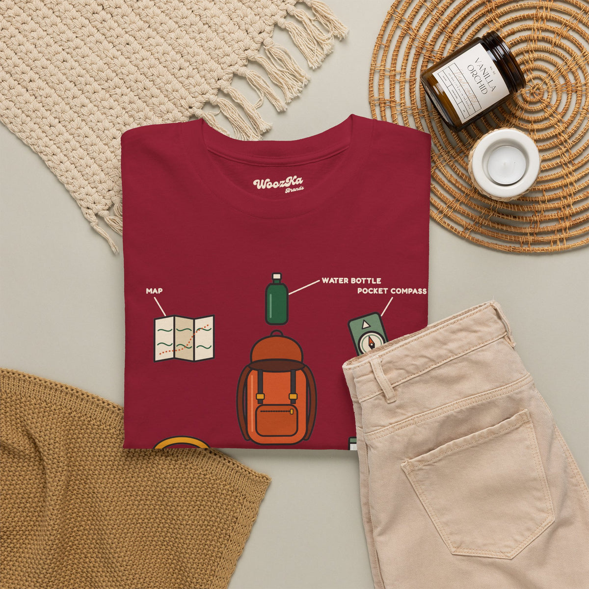 WoozKa Brands Hiking T-Shirt, Backpacking Gear List Front Print